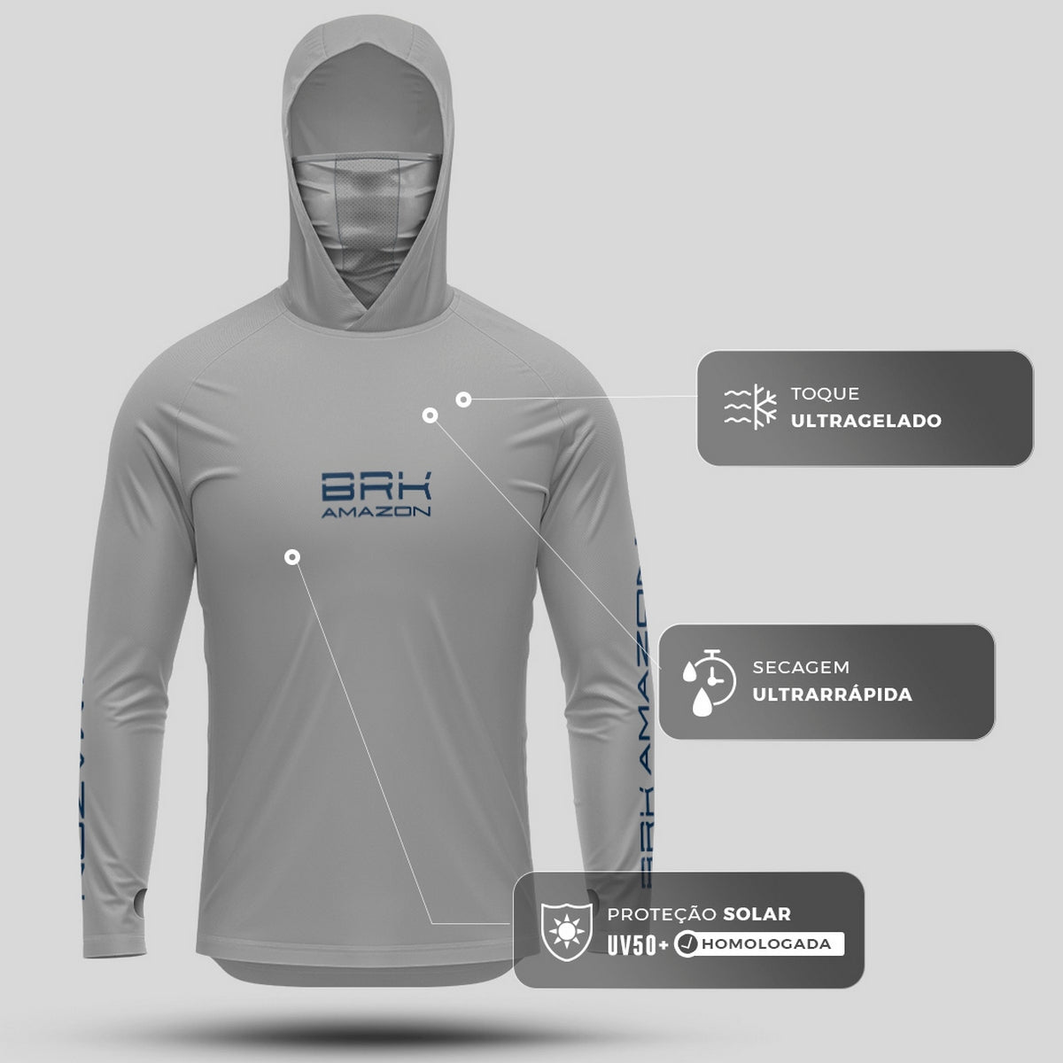 Camisa FusionX Brk Tucunaré Clean Cinza com Capuz e Proteção UV50+ - Brk Fishing