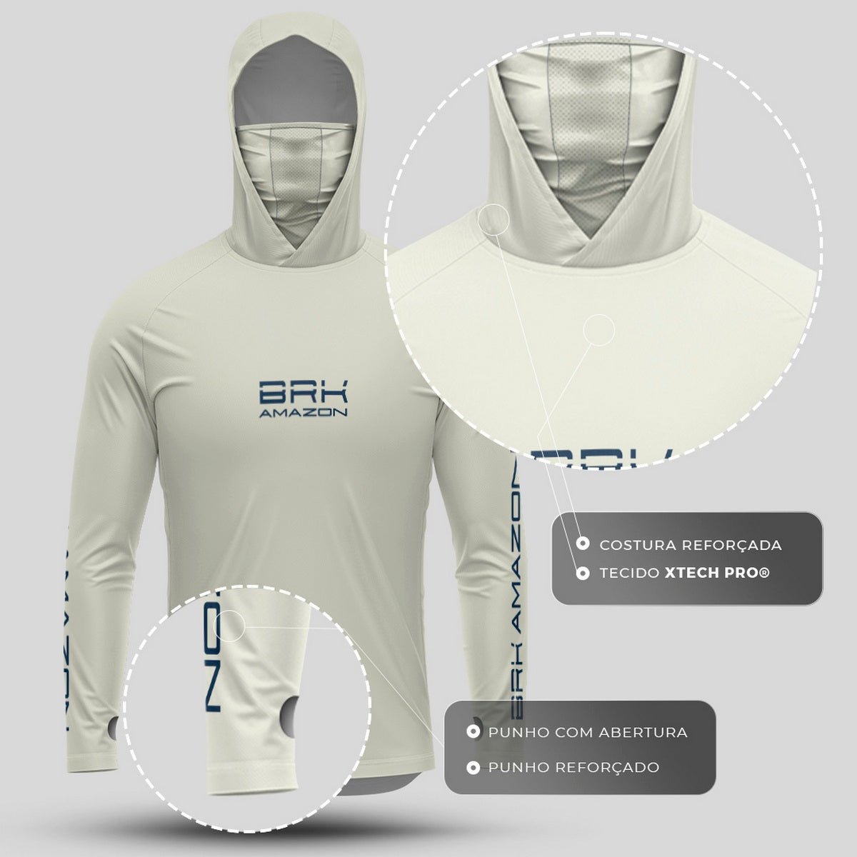 Camisa FusionX Brk Tucunaré Clean Bege com Capuz e Proteção UV50+ - Brk Fishing