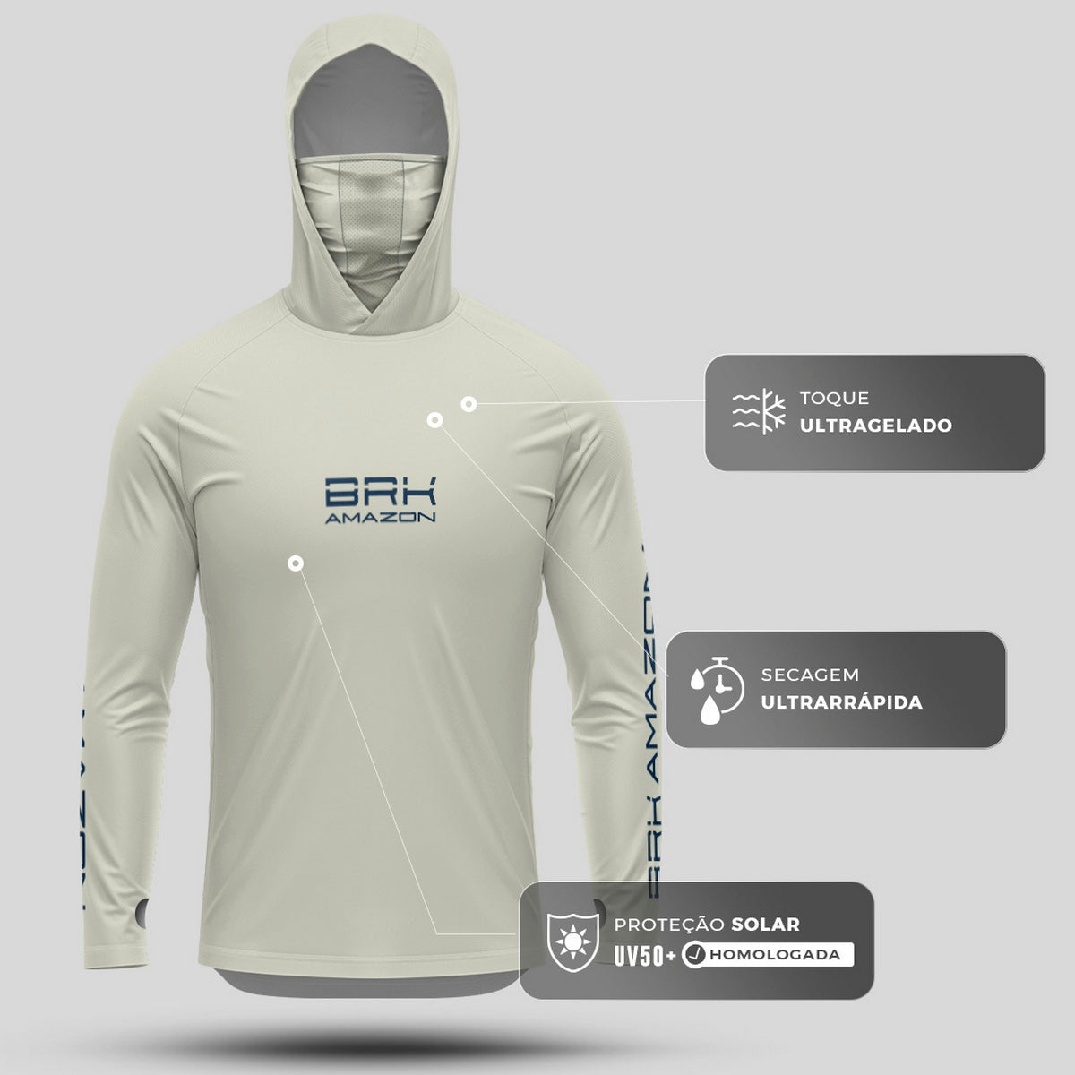 Camisa FusionX Brk Tucunaré Clean Bege com Capuz e Proteção UV50+ - Brk Fishing