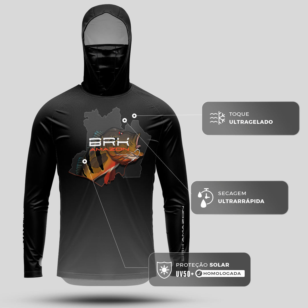 Camisa FusionX Brk Tucunaré de Olho Vermelho com Capuz e Proteção UV50+ - Brk Fishing