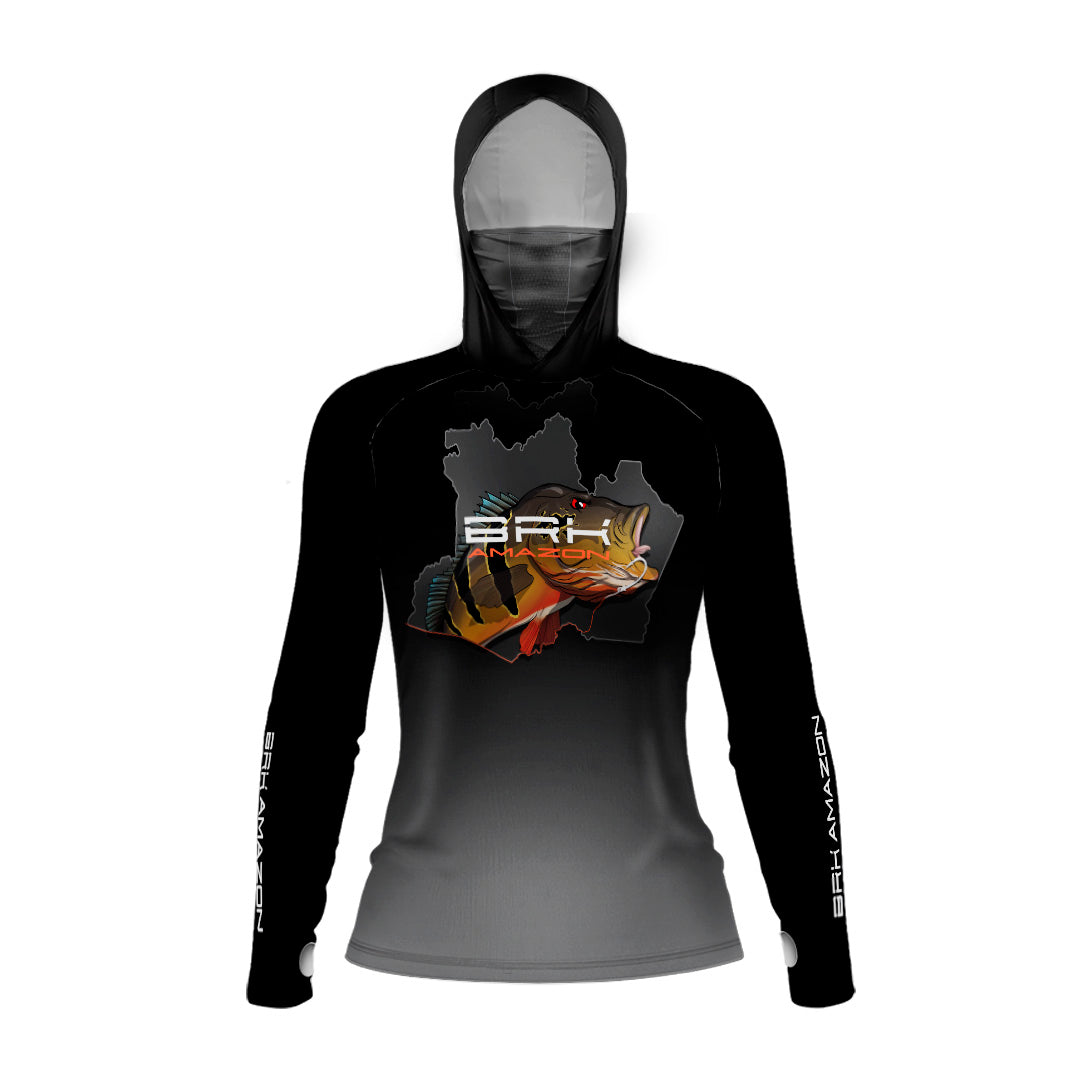 Camisa FusionX Brk Feminina Tucunaré de Olho Vermelho com Capuz e Proteção UV50+ - Brk Fishing