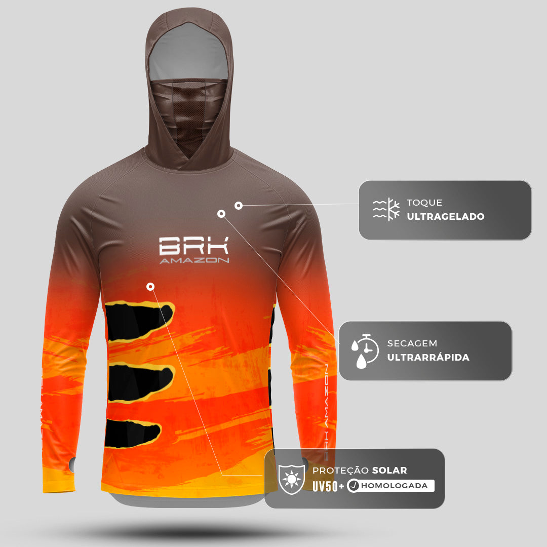 Camisa FusionX Brk Tucunaré Açu Laranja com Capuz e Proteção UV50+ - Brk Fishing