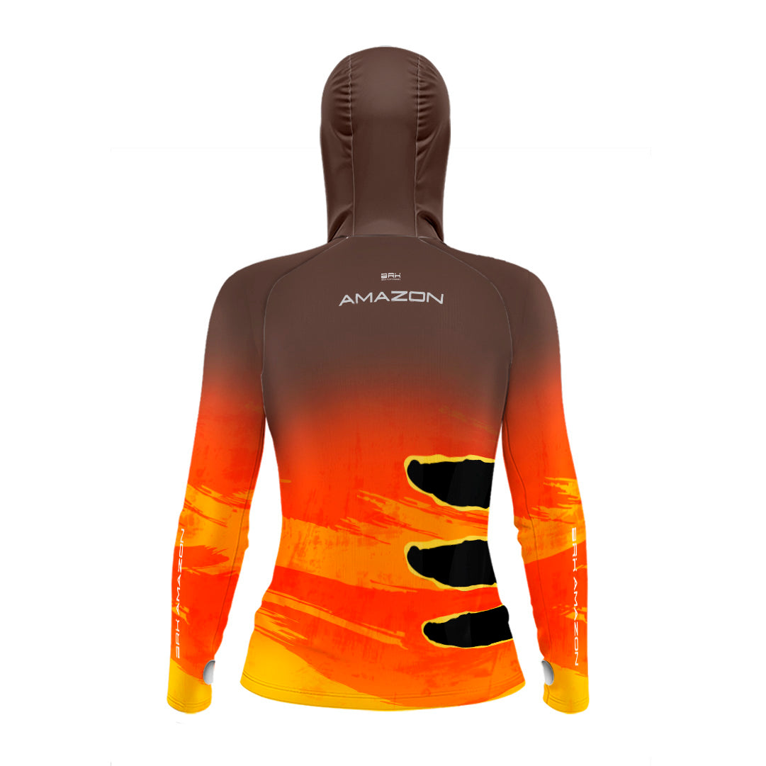 Camisa FusionX Brk Feminina Tucunaré Açu Laranja com Capuz e Proteção UV50+ - Brk Fishing