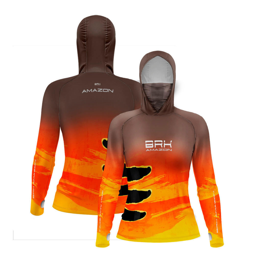 Camisa FusionX Brk Feminina Tucunaré Açu Laranja com Capuz e Proteção UV50+ - Brk Fishing