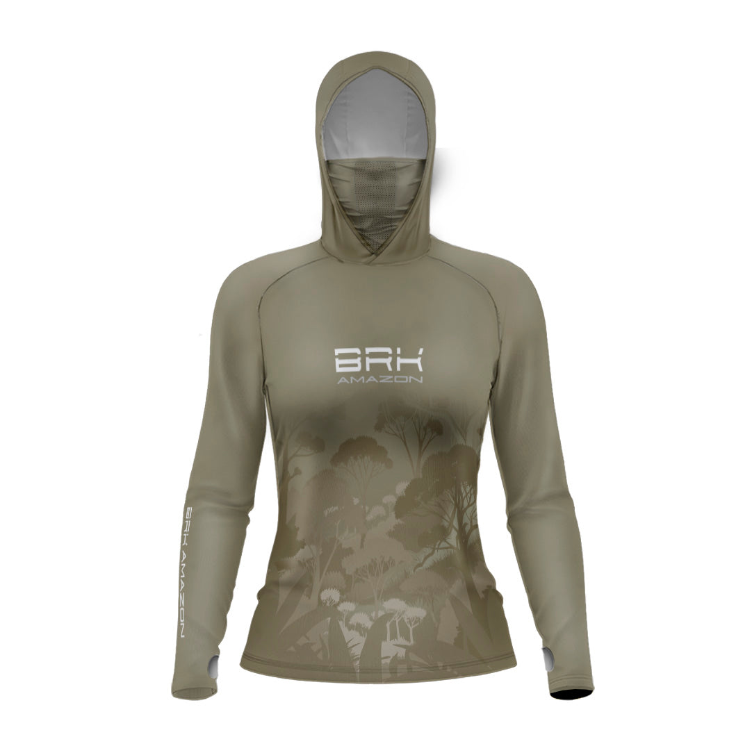 Camisa FusionX Brk Feminina Amazon Florest Marrom com Capuz e Proteção UV50+ - Brk Fishing