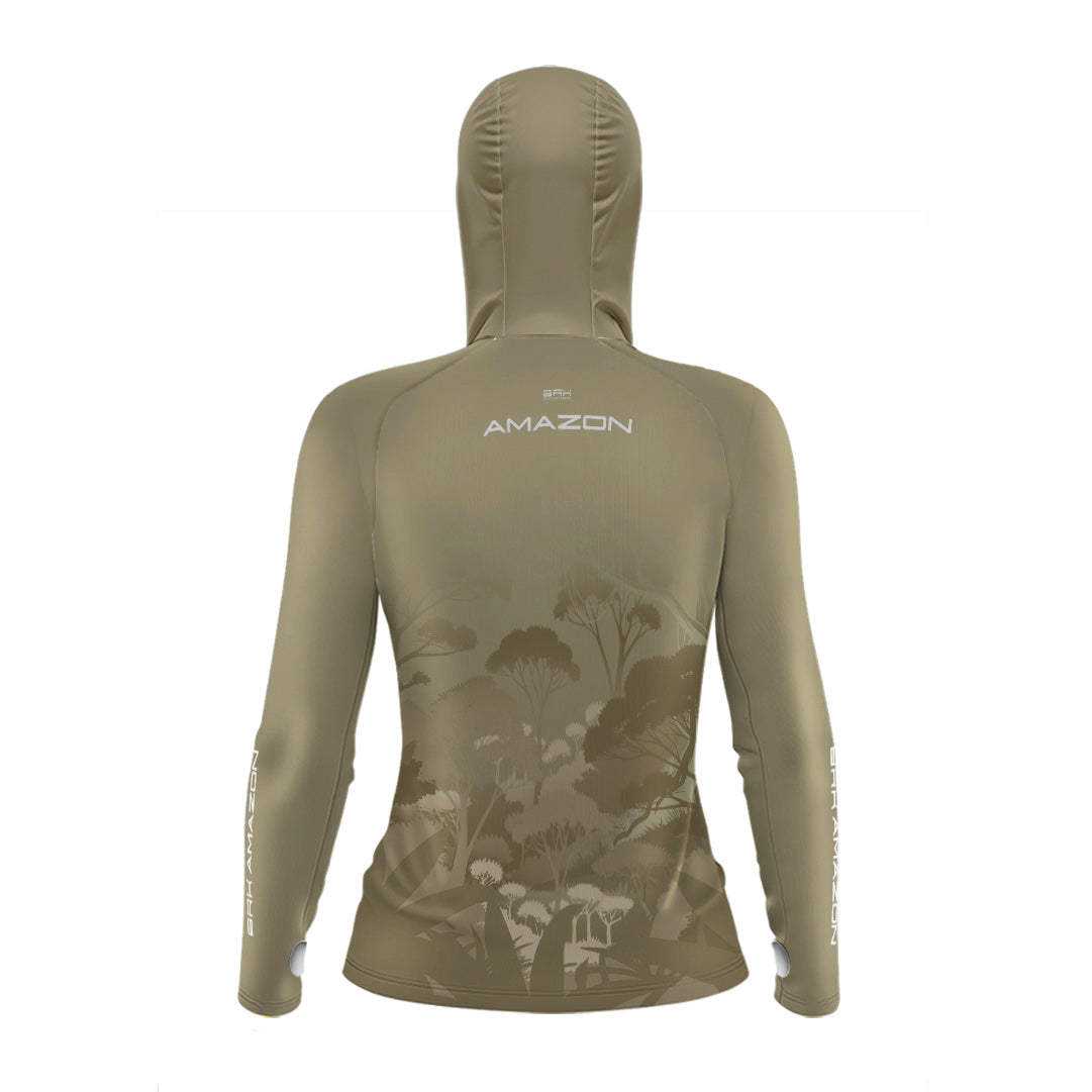 Camisa FusionX Brk Feminina Amazon Florest Marrom com Capuz e Proteção UV50+ - Brk Fishing