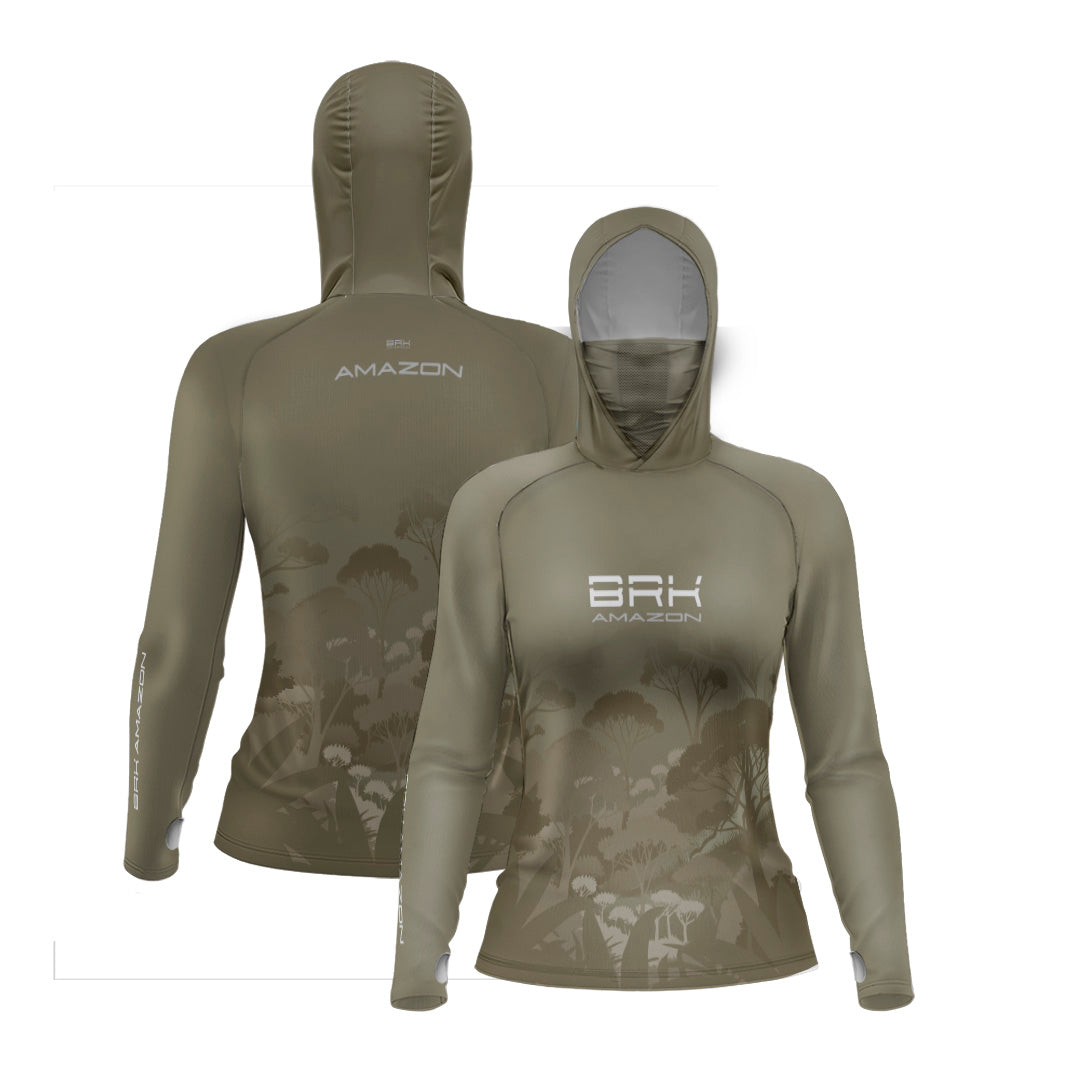 Camisa FusionX Brk Feminina Amazon Florest Marrom com Capuz e Proteção UV50+ - Brk Fishing