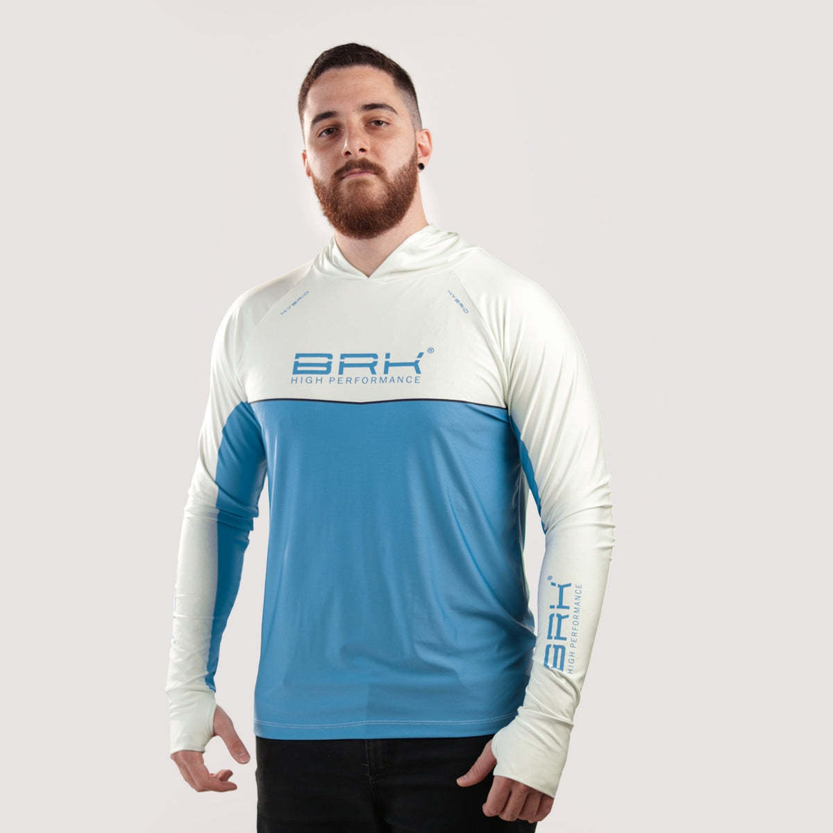 Camisa de Pesca Brk com Capuz Hybrid Bege com Azul com Proteção Solar UV50+ - Brk Fishing