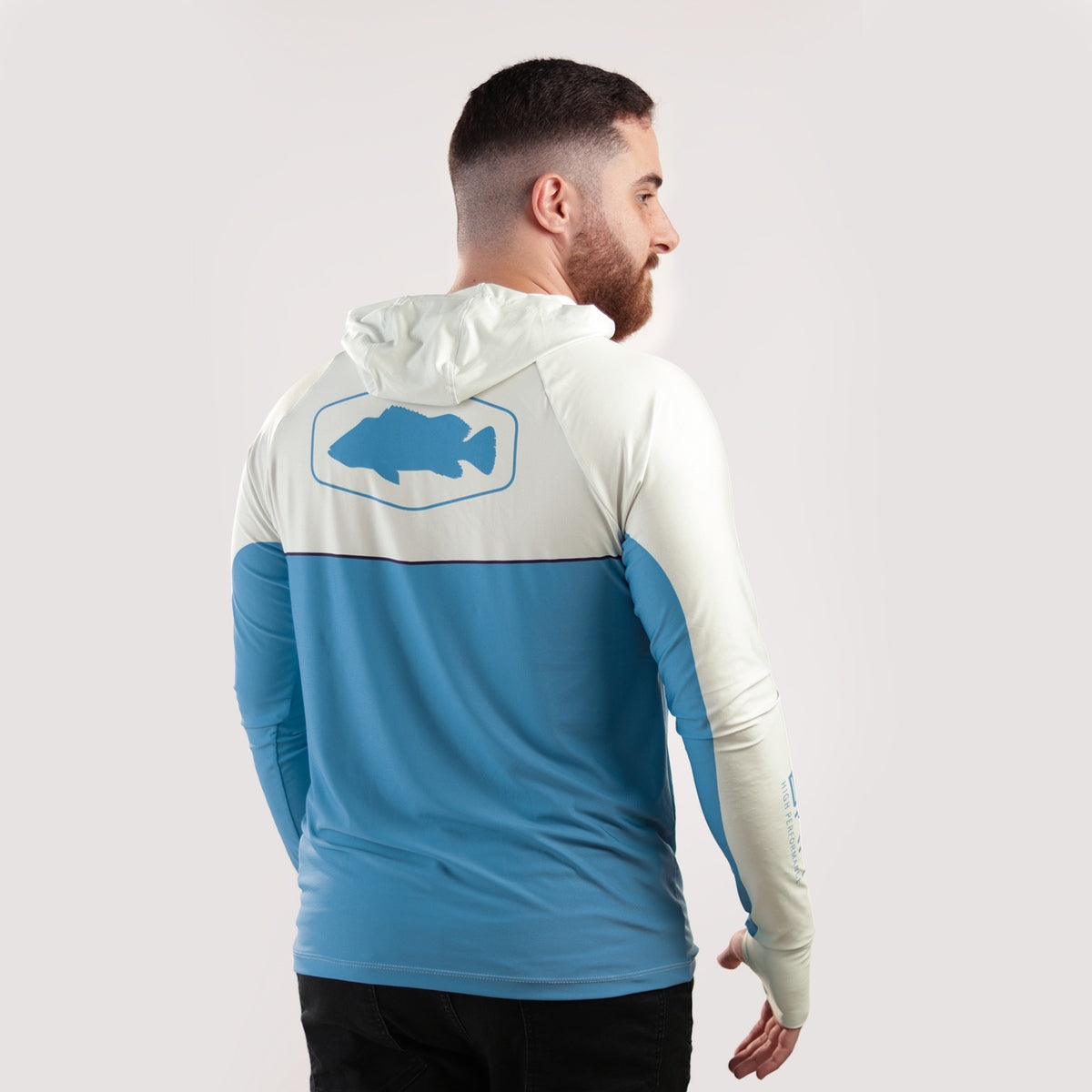 Camisa de Pesca Brk com Capuz Hybrid Bege com Azul com Proteção Solar UV50+ - Brk Fishing