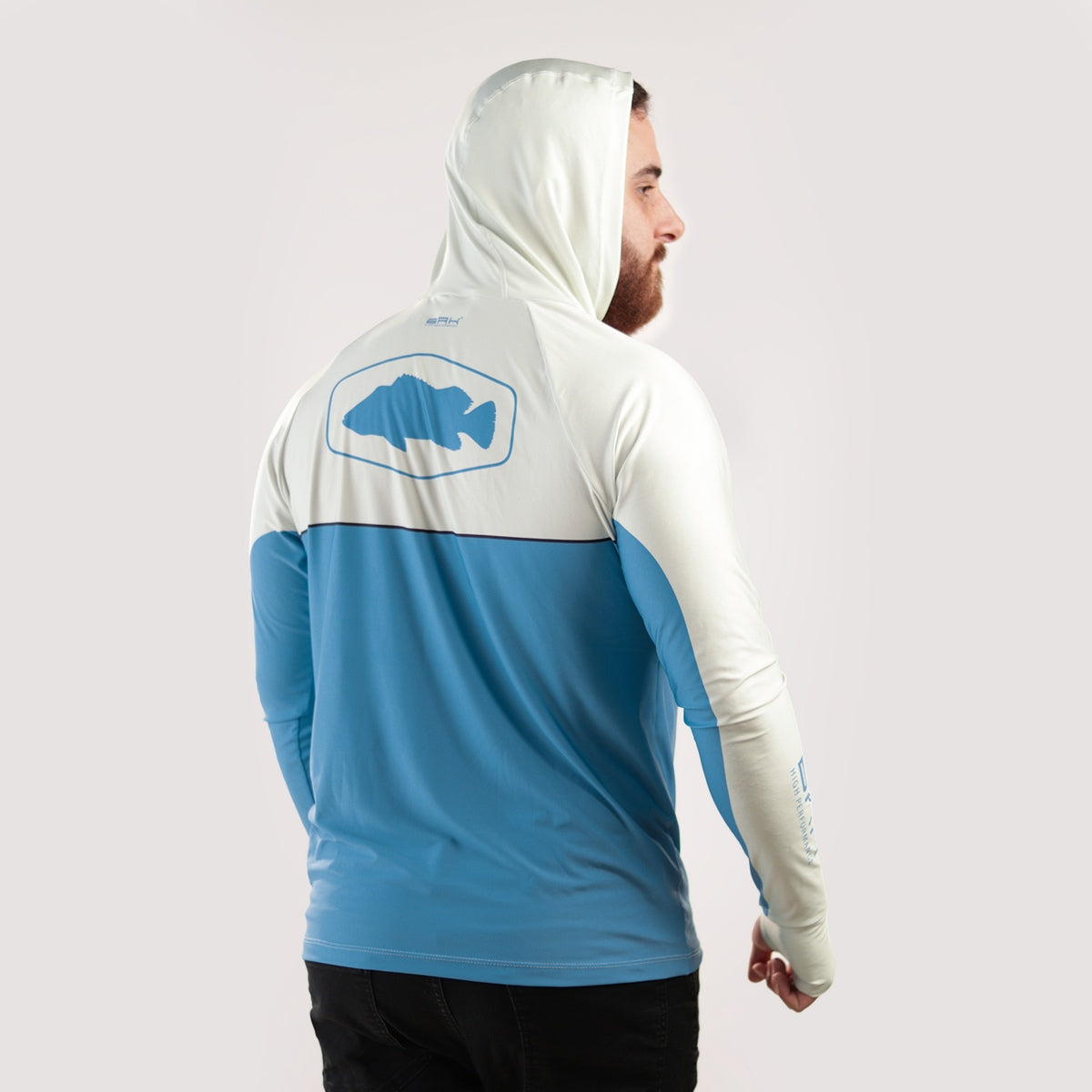 Camisa de Pesca Brk com Capuz Hybrid Bege com Azul com Proteção Solar UV50+ - Brk Fishing