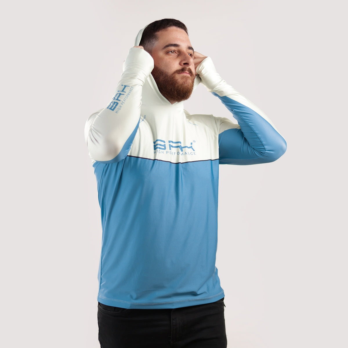Camisa de Pesca Brk com Capuz Hybrid Bege com Azul com Proteção Solar UV50+ - Brk Fishing