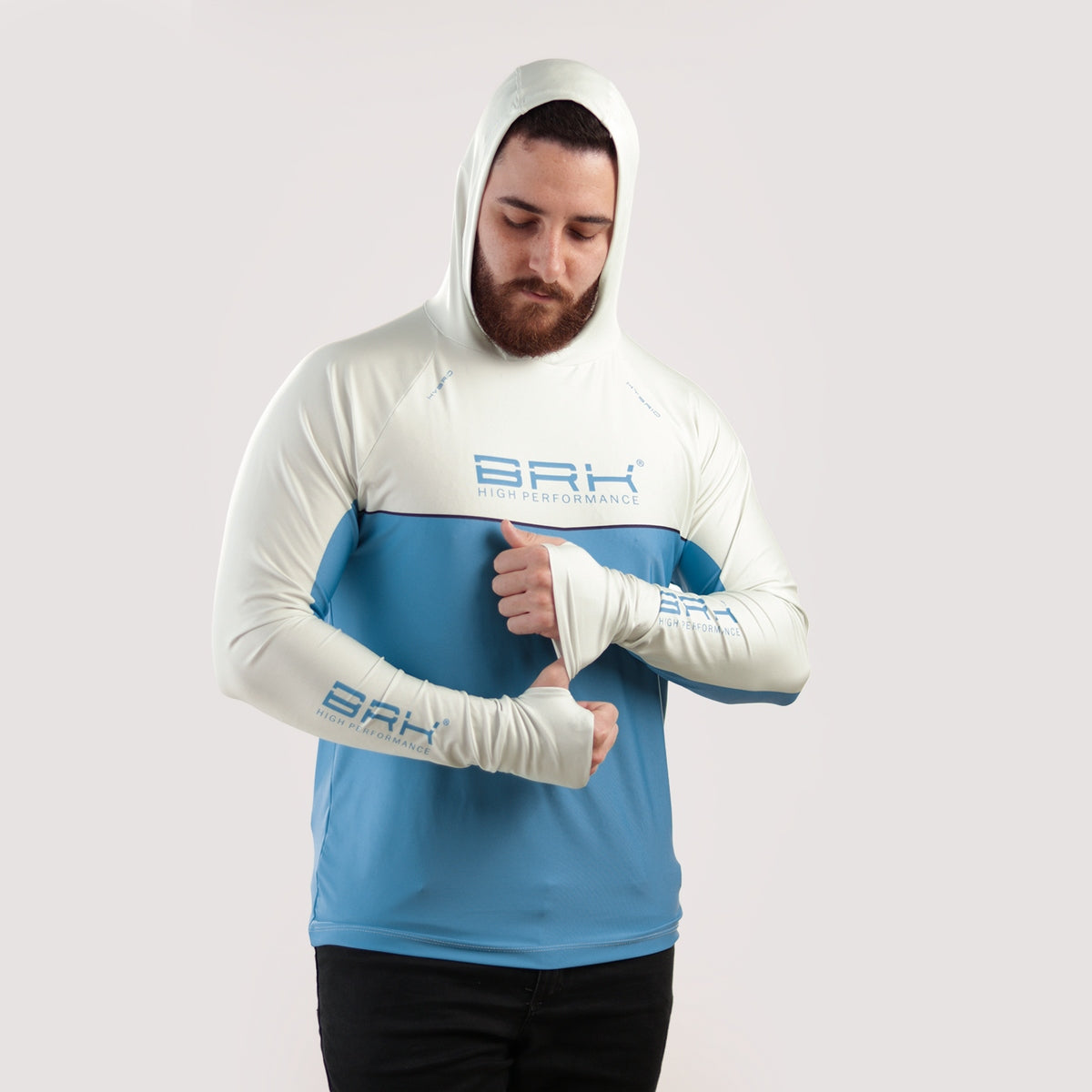 Camisa de Pesca Brk com Capuz Hybrid Bege com Azul com Proteção Solar UV50+ - Brk Fishing