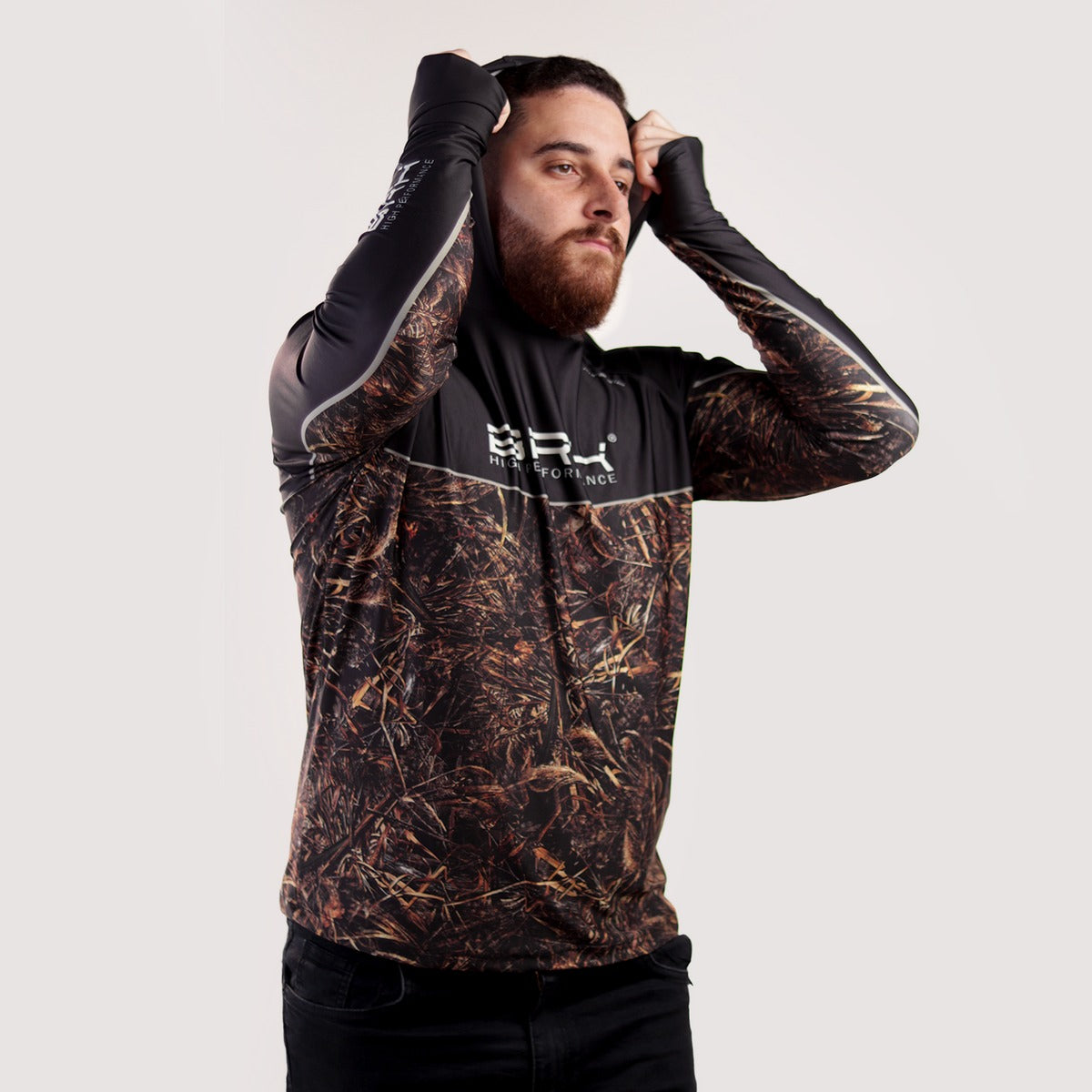 Camisa de Pesca Brk com Capuz Hybrid Black Real Tree com Proteção Solar UV50+ - Brk Fishing