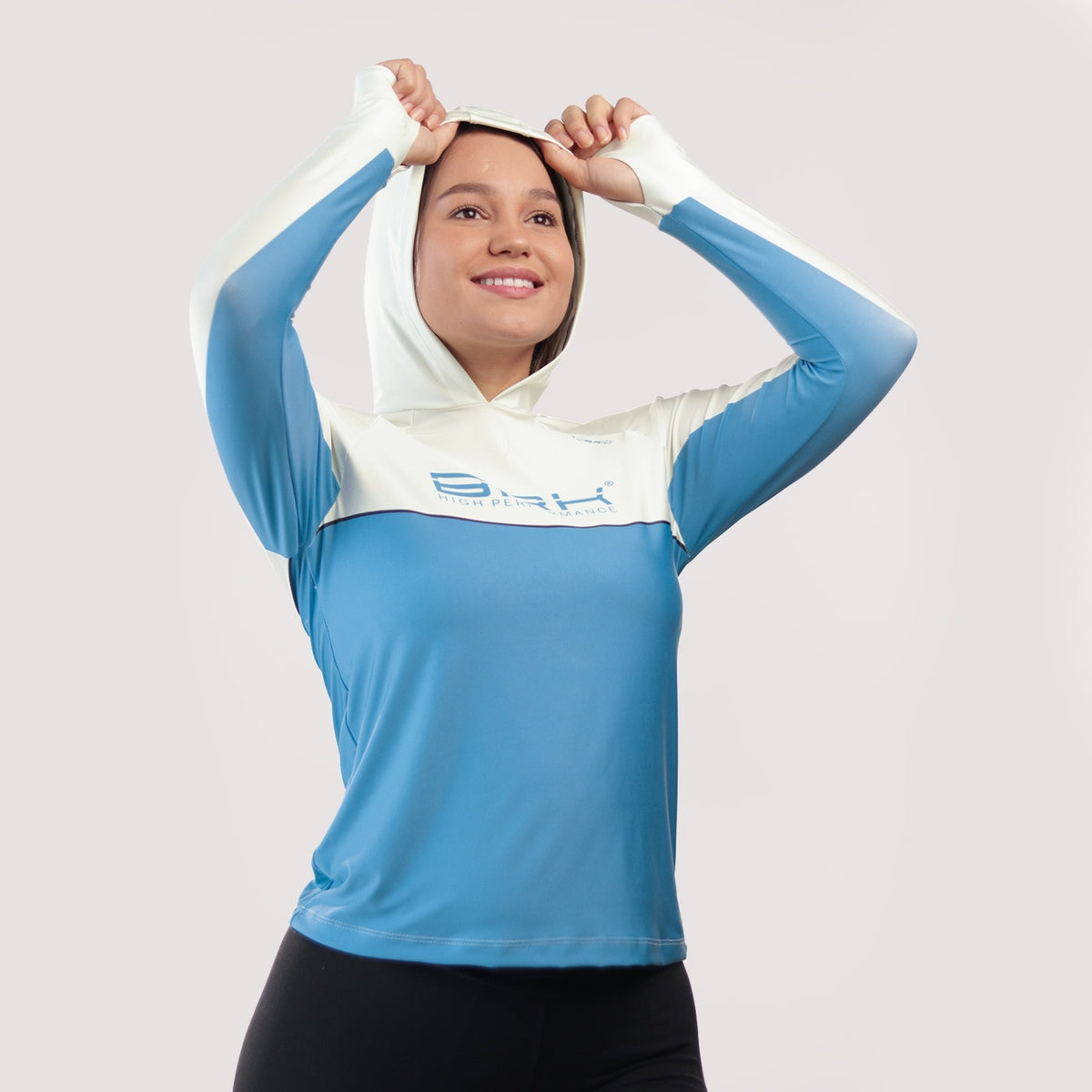 Camisa de Pesca Feminina Brk com Capuz Hybrid Bege com Azul com Proteção Solar UV50+ - Brk Fishing