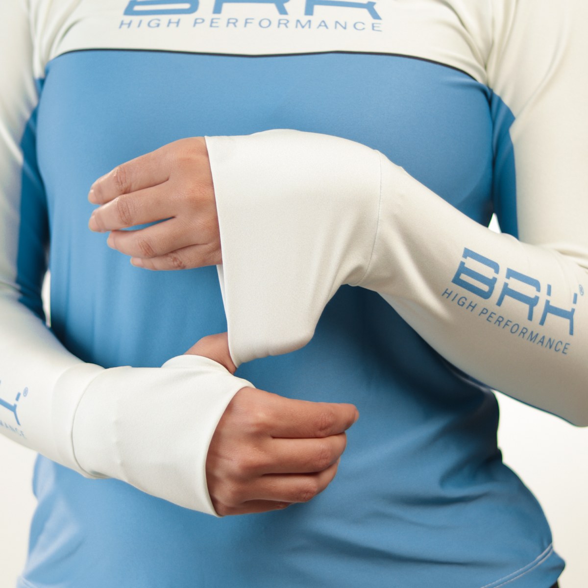 Camisa de Pesca Feminina Brk com Capuz Hybrid Bege com Azul com Proteção Solar UV50+ - Brk Fishing