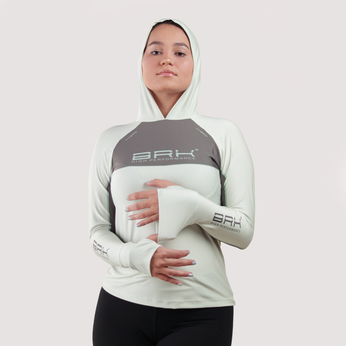 Camisa de Pesca Feminina Brk com Capuz Hybrid Cinza Bege com Proteção Solar UV50+ - Brk Fishing