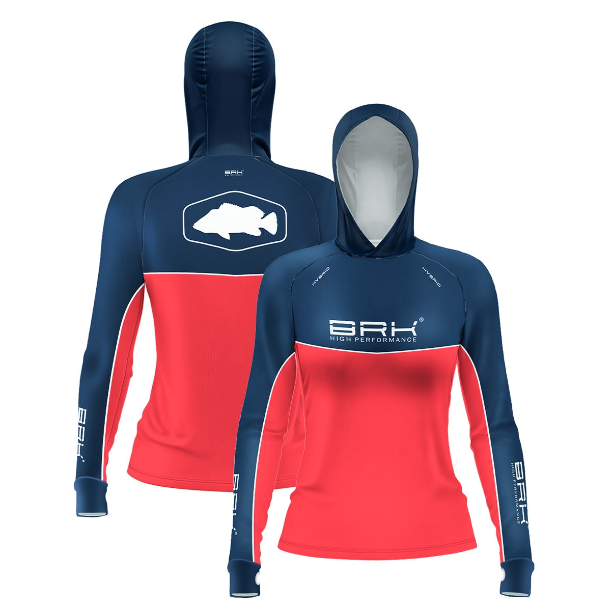 Camisa de Pesca Feminina Brk com Capuz Hybrid Red Blue Fishin com Proteção Solar UV50+ - Brk Fishing