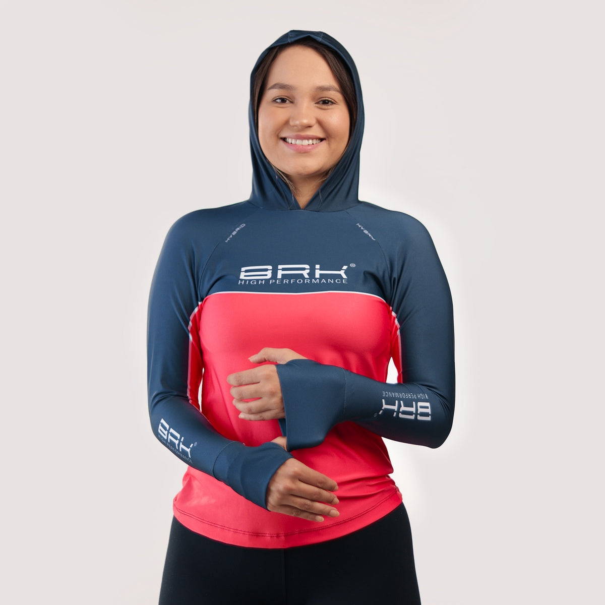 Camisa de Pesca Feminina Brk com Capuz Hybrid Red Blue Fishin com Proteção Solar UV50+ - Brk Fishing