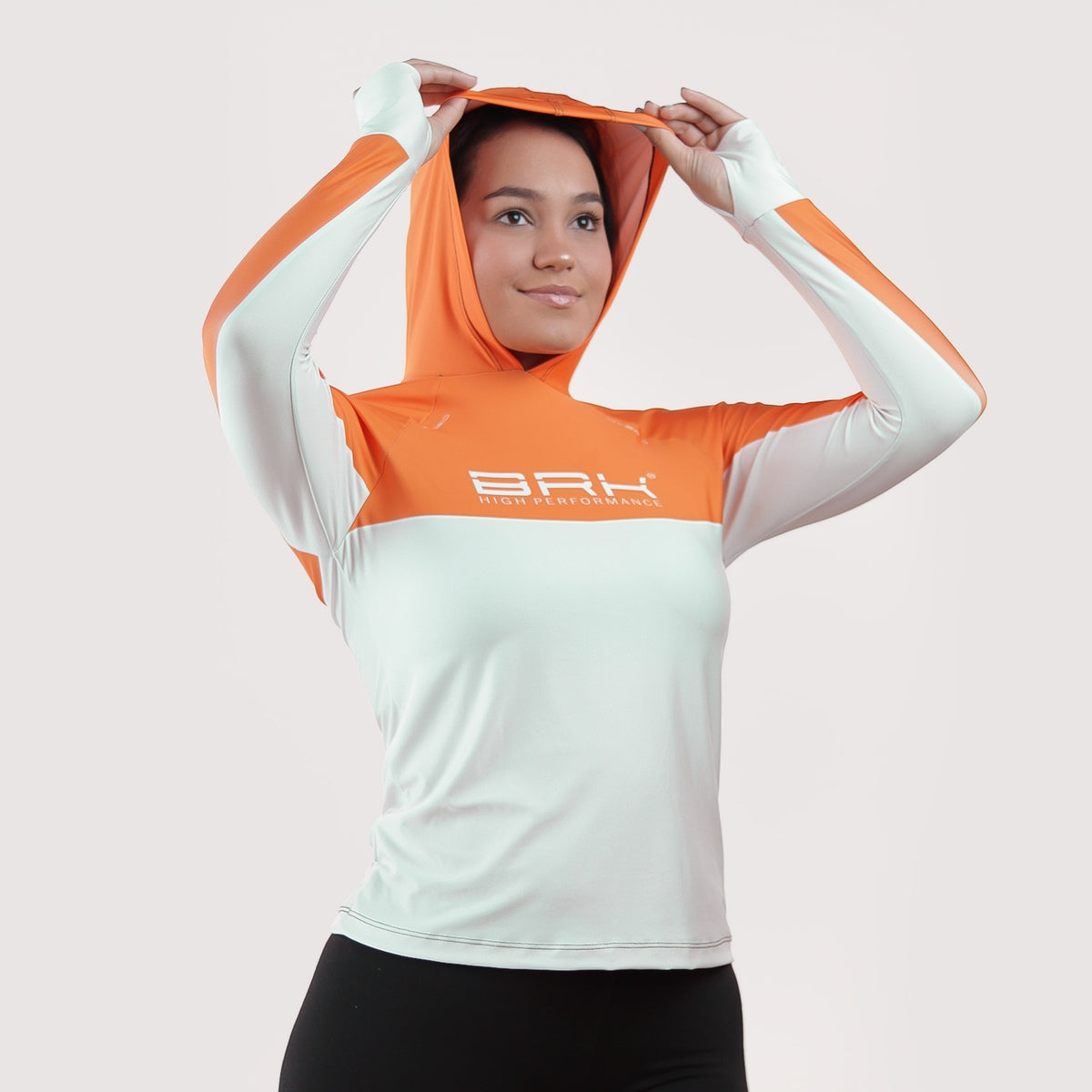 Camisa de Pesca Feminina Brk com Capuz Hybrid Laranja com Proteção Solar UV50+ - Brk Fishing