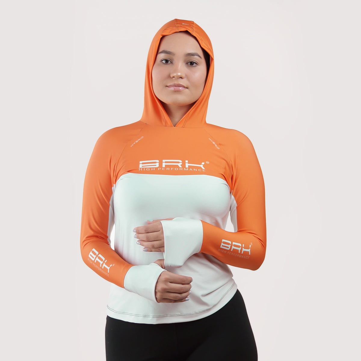 Camisa de Pesca Feminina Brk com Capuz Hybrid Laranja com Proteção Solar UV50+ - Brk Fishing