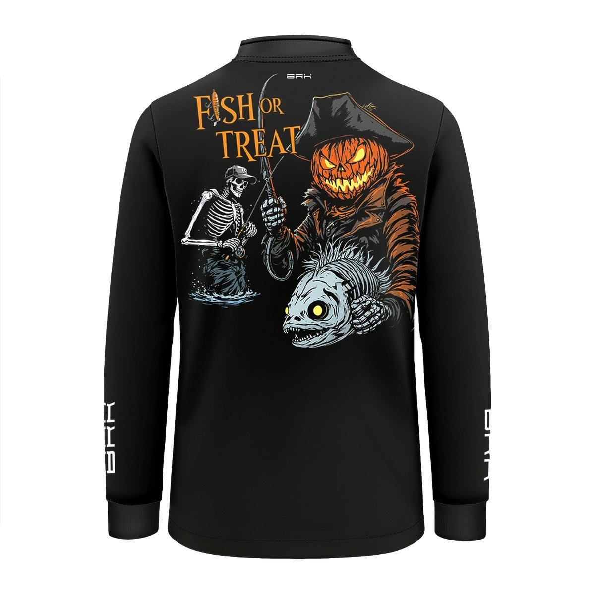 Camisa de Pesca Infantil Brk Azul Halloween Esqueleto Pescador com Proteção UV50 - Brk Fishing