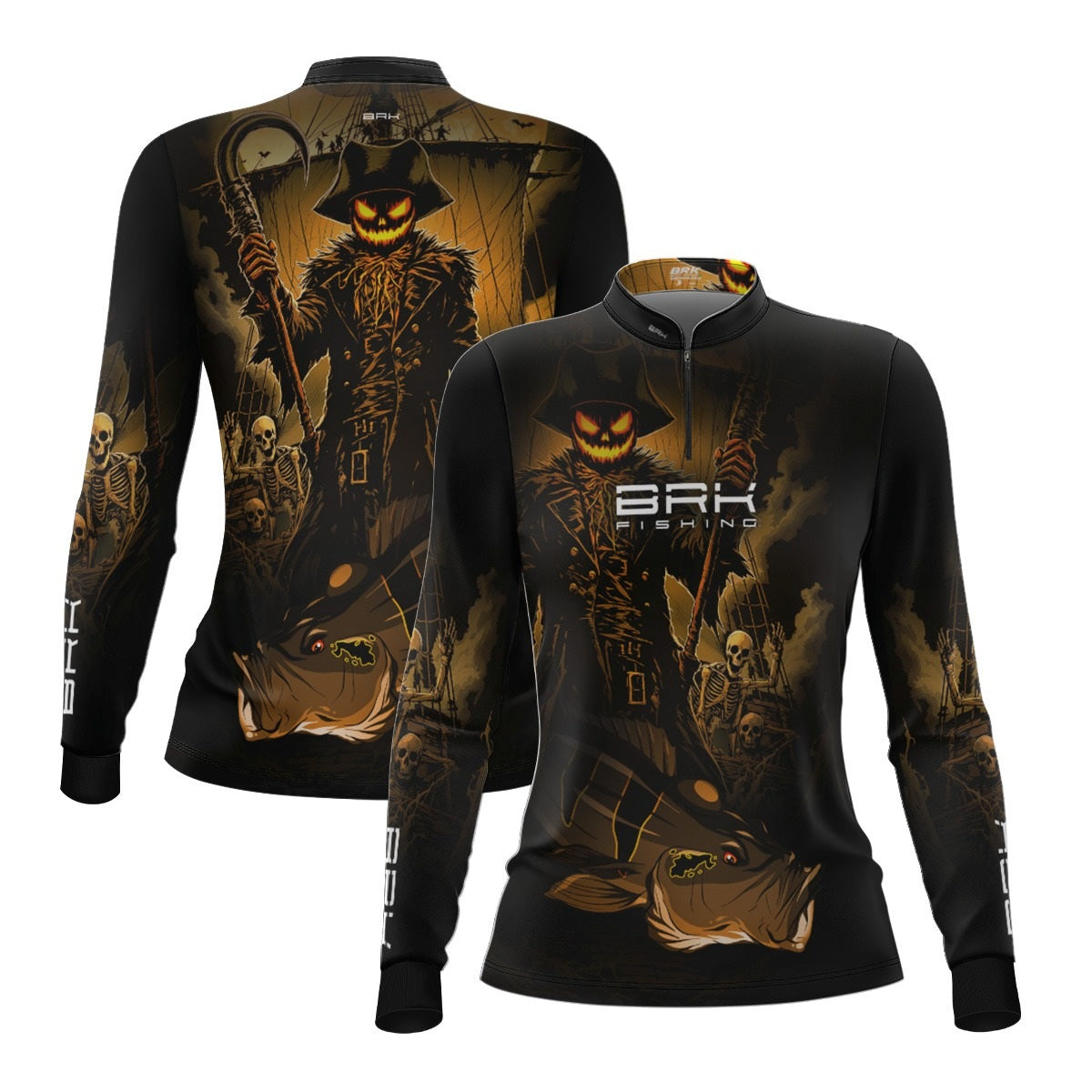 Camisa de Pesca Feminina Brk Azul Halloween Peixe e Caveira com Proteção UV50 - Brk Fishing