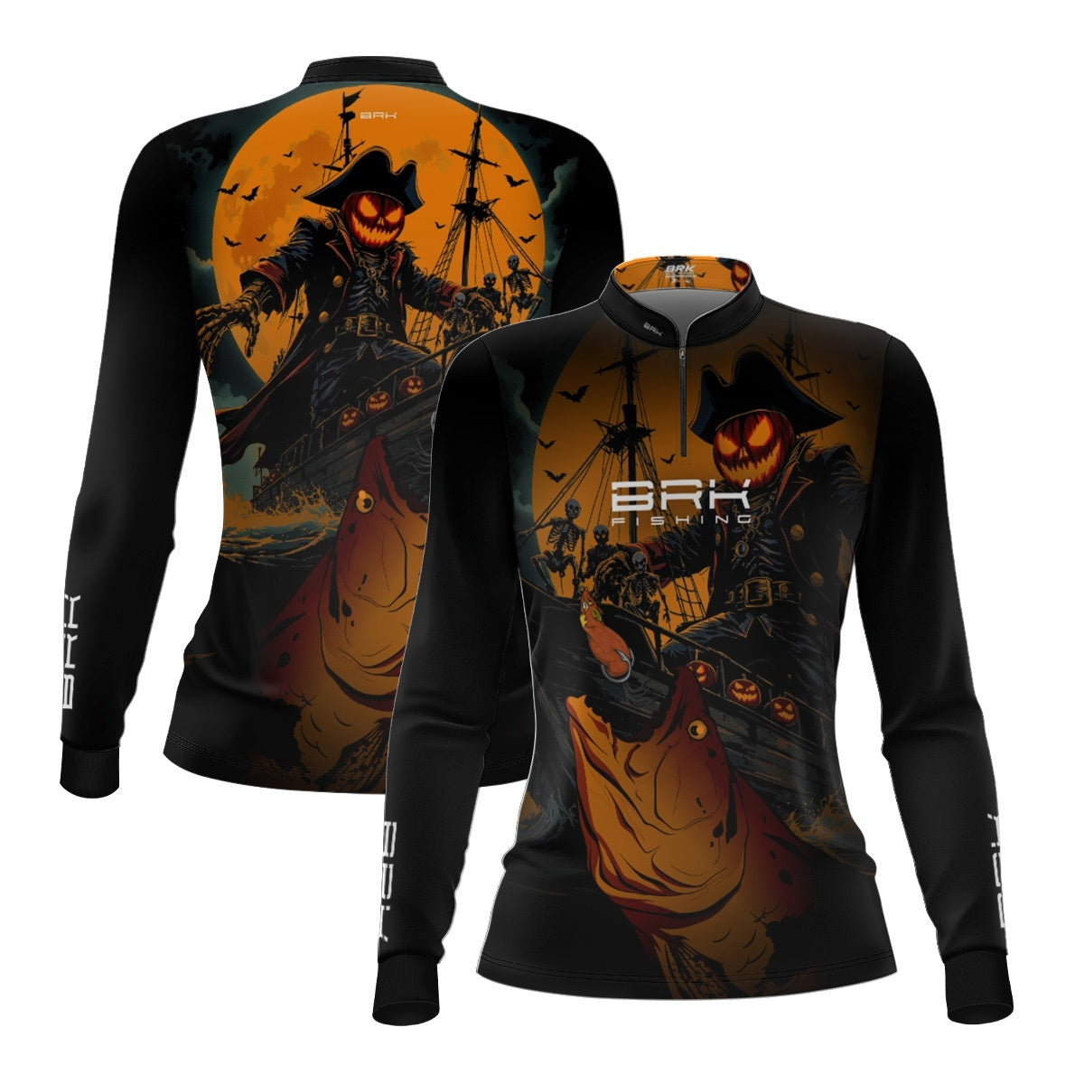 Camisa de Pesca Feminina Brk Azul Halloween Barco Pirata com Proteção UV50 - Brk Fishing