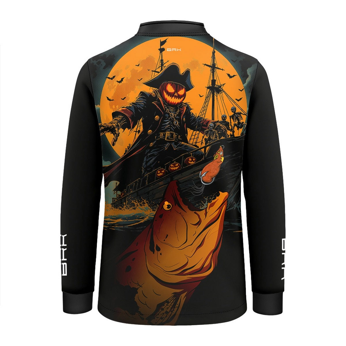Camisa de Pesca Infantil Brk Azul Halloween Barco Pirata com Proteção UV50 - Brk Fishing