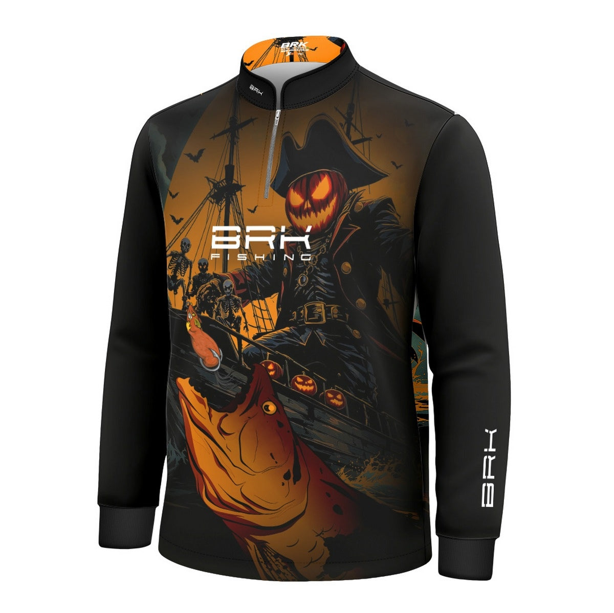 Camisa de Pesca Infantil Brk Azul Halloween Barco Pirata com Proteção UV50 - Brk Fishing