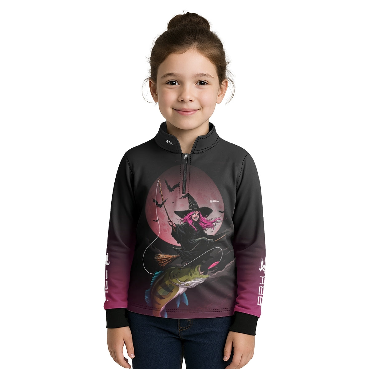 Camisa de Pesca Infantil Brk Preto e Rosa Bruxa com Proteção UV50 - Brk Fishing