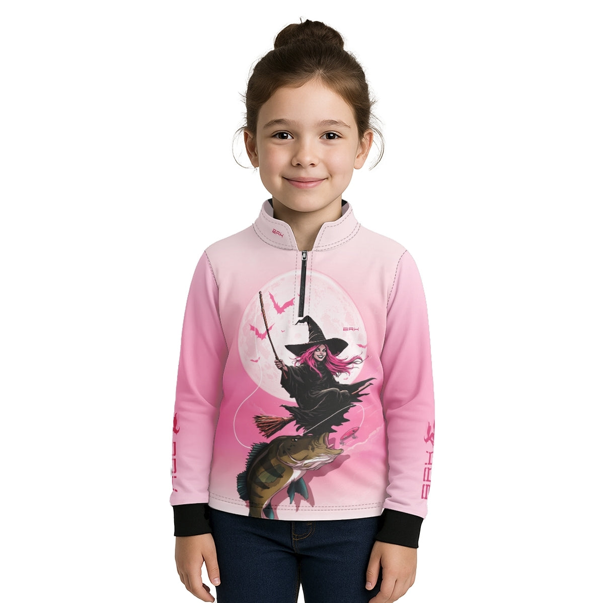 Camisa de Pesca Infantil Brk Branca e Rosa Bruxa com Proteção UV50 - Brk Fishing