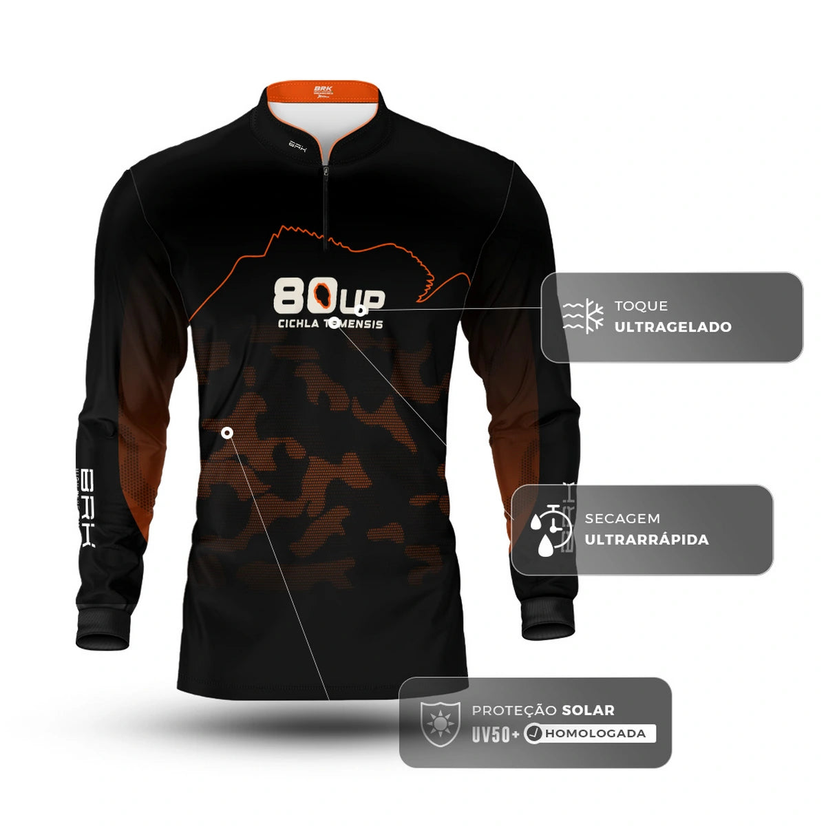 Camisa de Pesca Brk 80UP Camuflada Laranja com Proteção UV50 - Brk Fishing