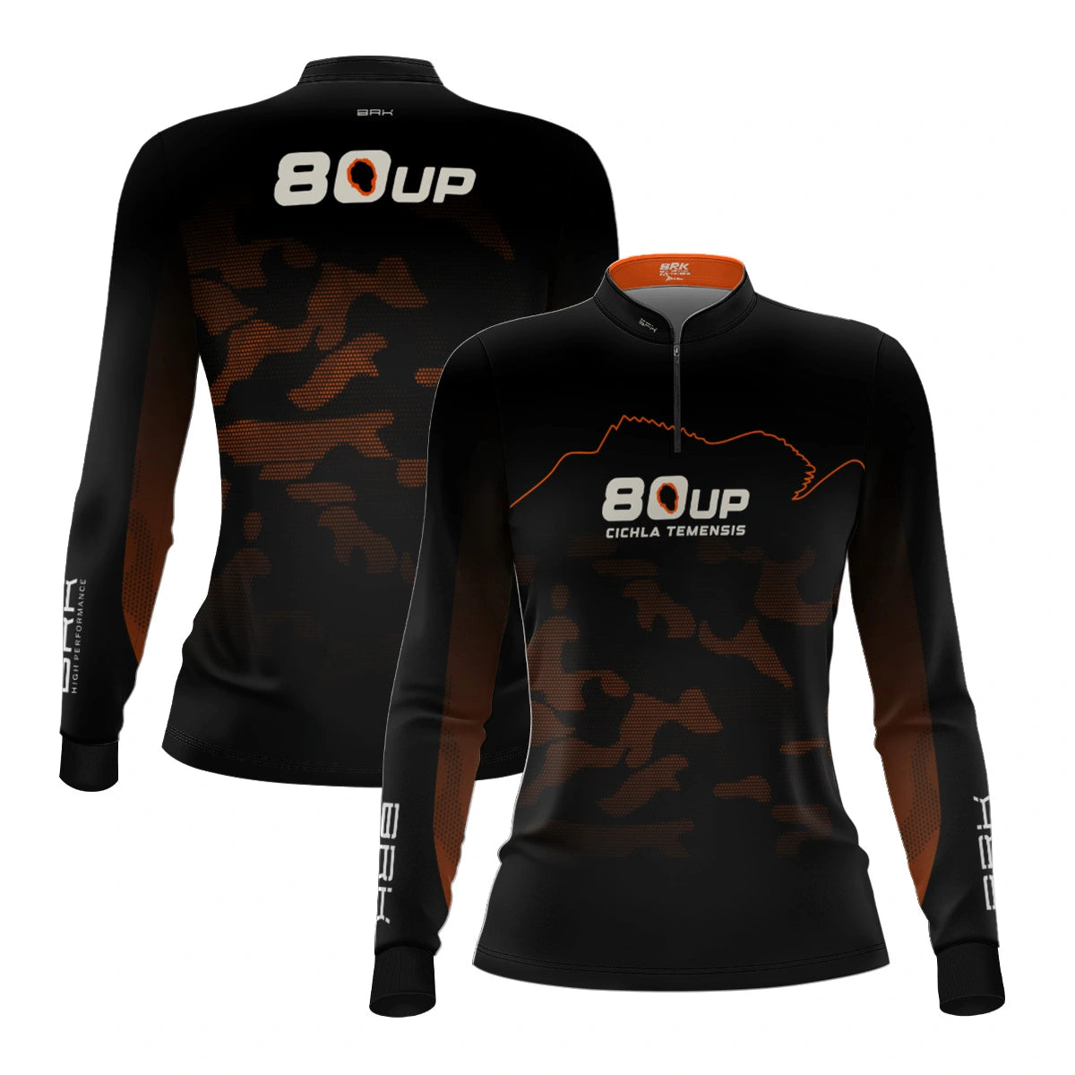 Camisa de Pesca Feminina Brk 80UP Camuflada Laranja com Proteção UV50 - Brk Fishing