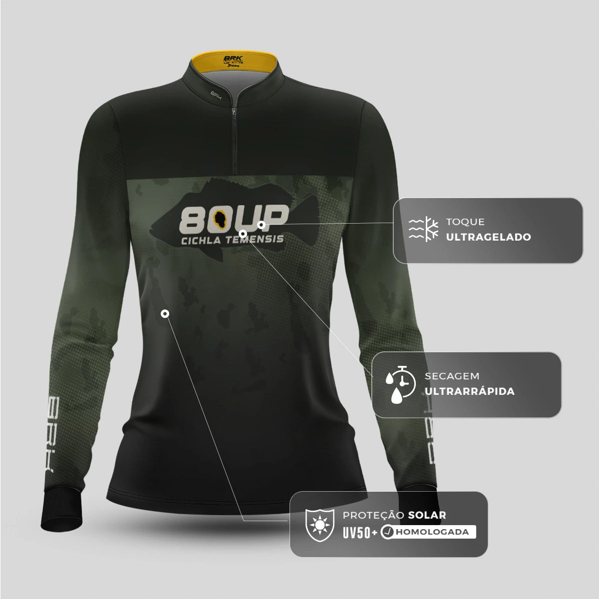 Camisa de Pesca Feminina Brk 80UP Verde com Proteção UV50 - Brk Fishing