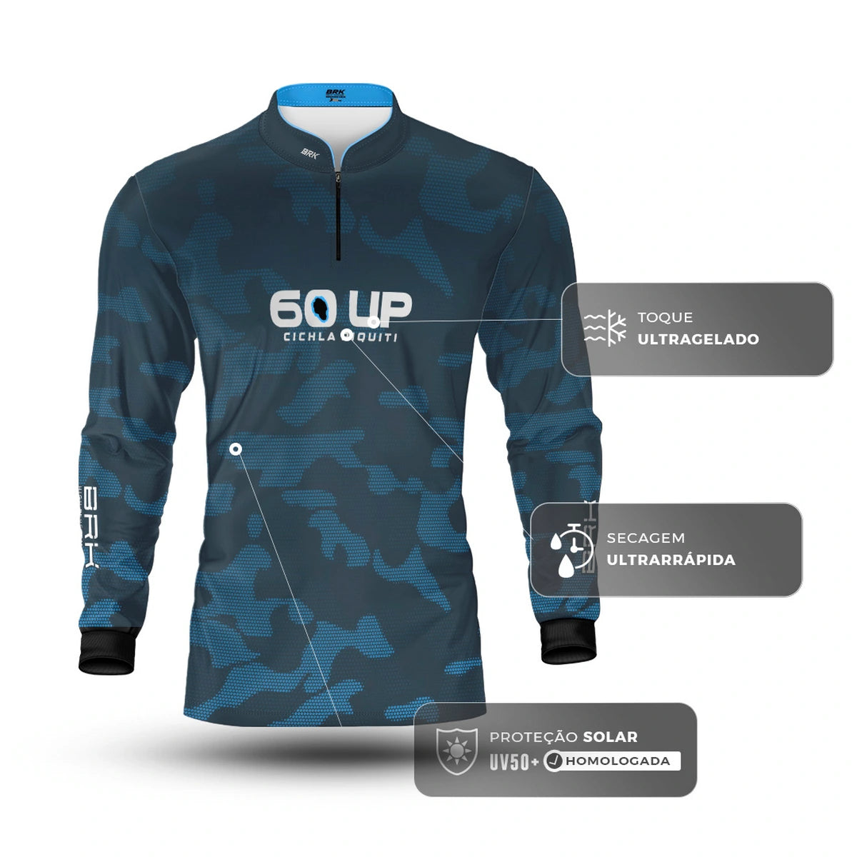 Camisa de Pesca Brk 60UP Camuflada Azul com Proteção UV50 - Brk Fishing