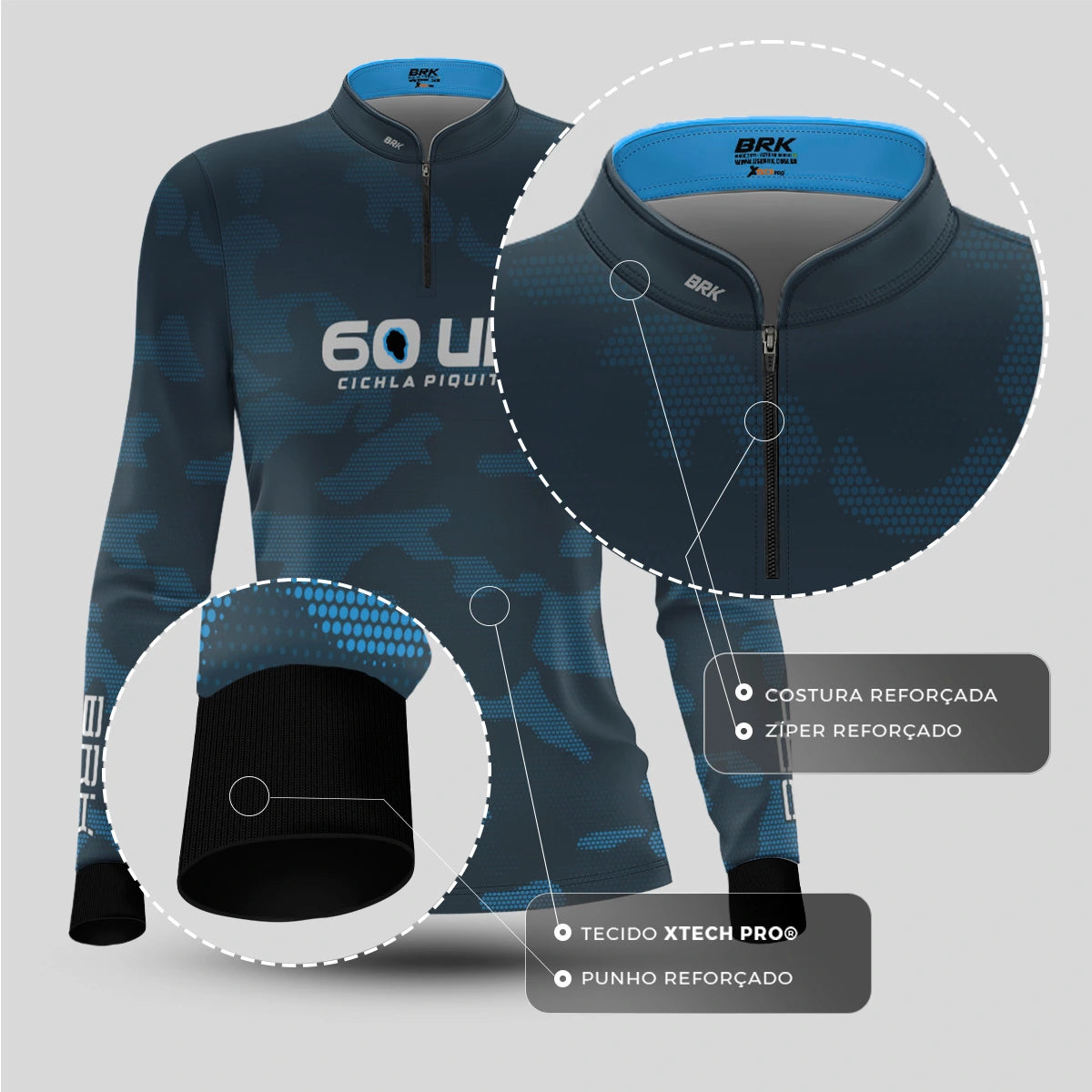 Camisa de Pesca Feminina Brk 60UP Camuflada Azul com Proteção UV50 - Brk Fishing
