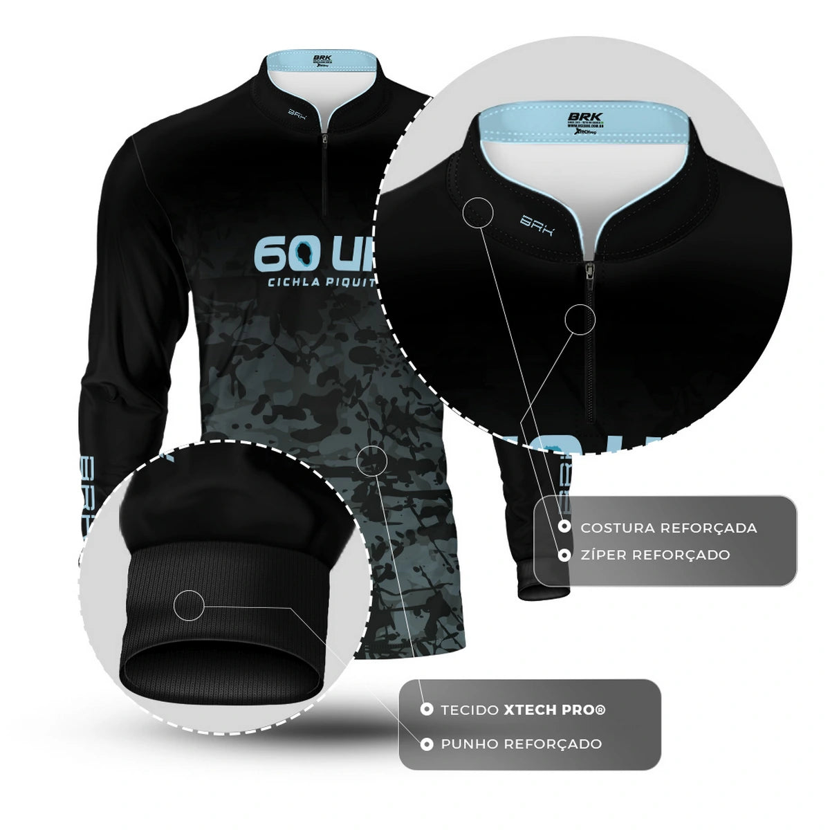 Camisa de Pesca Brk 60UP Camuflada Azul e Preta com Proteção UV50 - Brk Fishing