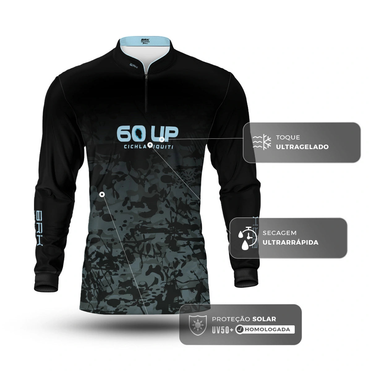 Camisa de Pesca Brk 60UP Camuflada Azul e Preta com Proteção UV50 - Brk Fishing
