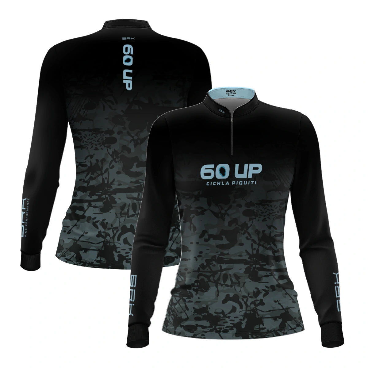 Camisa de Pesca Feminina Brk 60UP Camuflada Azul e Preta com Proteção UV50 - Brk Fishing