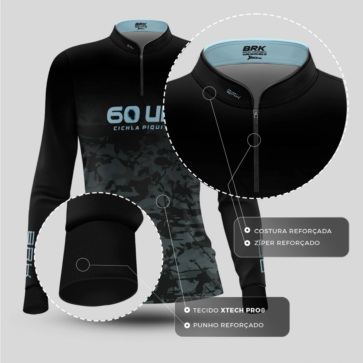 Camisa de Pesca Feminina Brk 60UP Camuflada Azul e Preta com Proteção UV50 - Brk Fishing