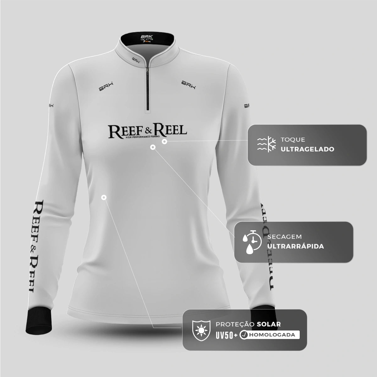 Camisa de Pesca Feminina Brk Reef & Reel High Perfomance Branca com Proteção UV50 - Brk Fishing