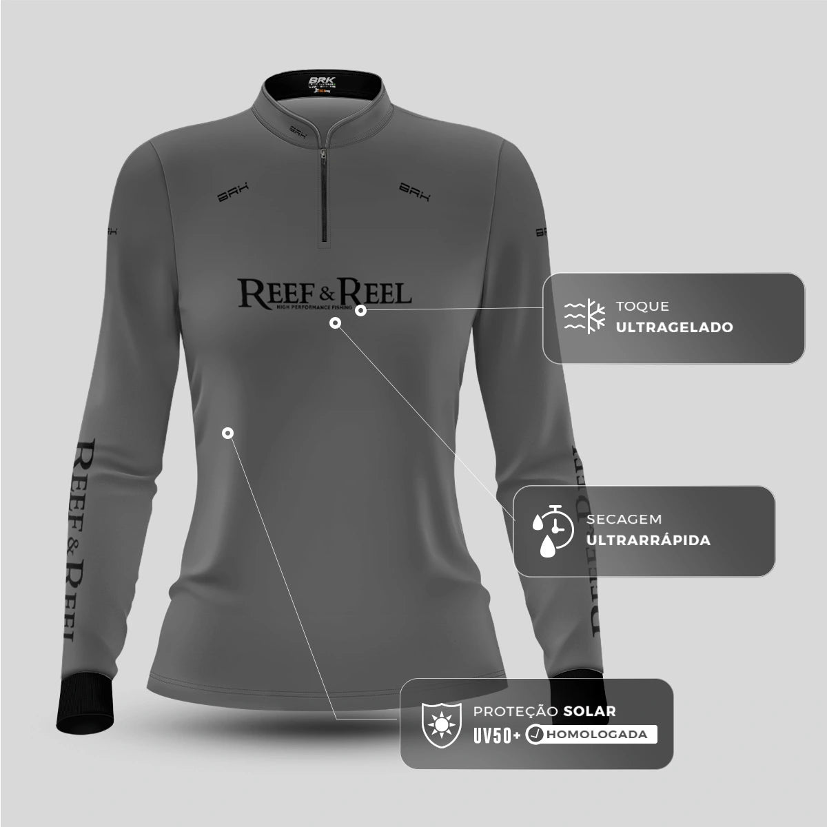 Camisa de Pesca Feminina Brk Reef & Reel High Perfomance Cinza com Proteção UV50 - Brk Fishing