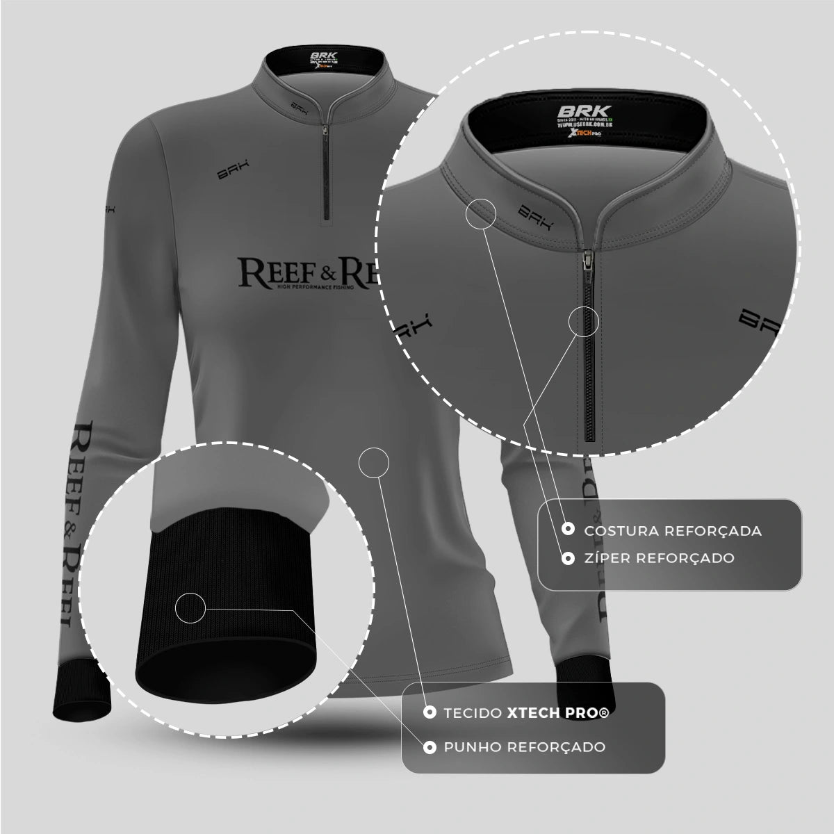 Camisa de Pesca Feminina Brk Reef & Reel High Perfomance Cinza com Proteção UV50 - Brk Fishing