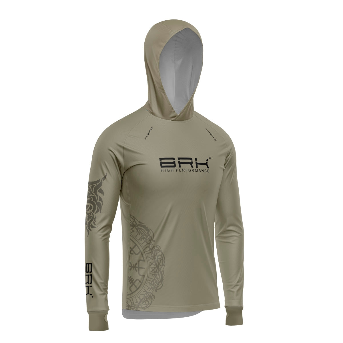 Camisa de Pesca Brk com Luva e Capuz Hybrid Tribal Bege com Proteção Solar UV50+ Brk Fishing