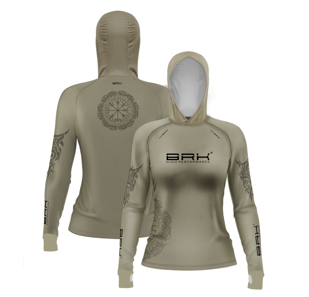 Camisa de Pesca Feminina Brk com Luva e Capuz Hybrid Tribal Bege com Proteção Solar UV50+ Brk Fishing