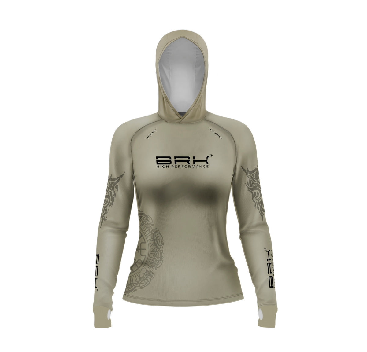 Camisa de Pesca Feminina Brk com Luva e Capuz Hybrid Tribal Bege com Proteção Solar UV50+ Brk Fishing