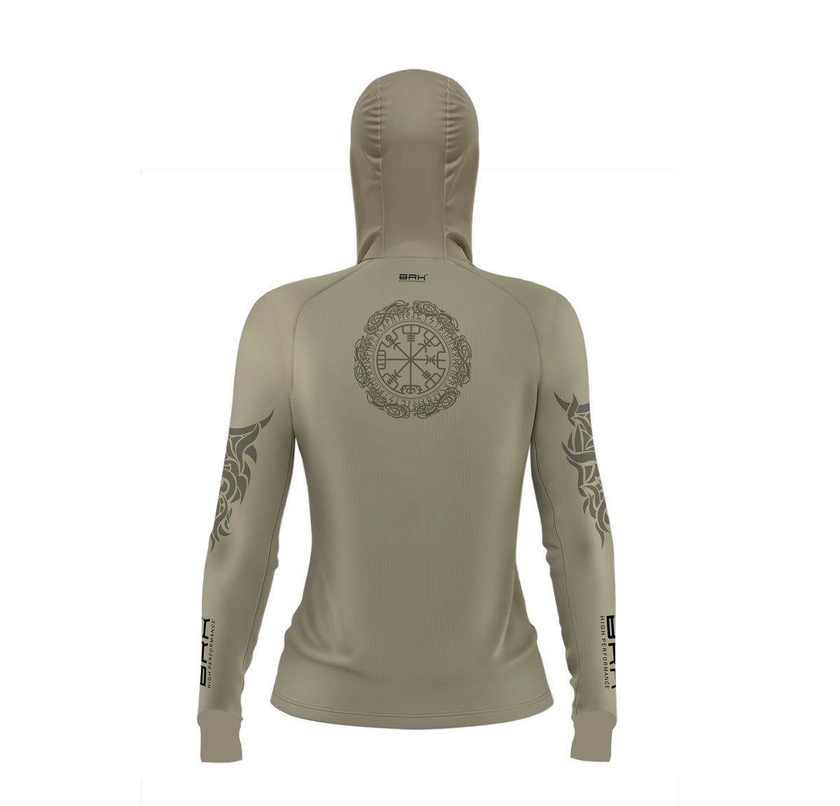 Camisa de Pesca Feminina Brk com Luva e Capuz Hybrid Tribal Bege com Proteção Solar UV50+ Brk Fishing