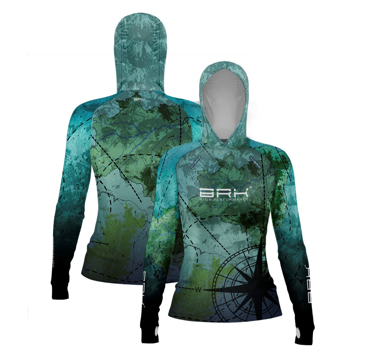 Camisa de Pesca Feminina Brk com Luva e Capuz Hybrid Mapa Brasil com Proteção Solar UV50+ Brk Fishing