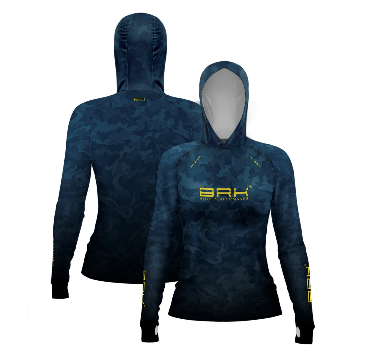 Camisa de Pesca Feminina Brk com Luva e Capuz Hybrid Camuflada Azul com Proteção Solar UV50+ Brk Fishing