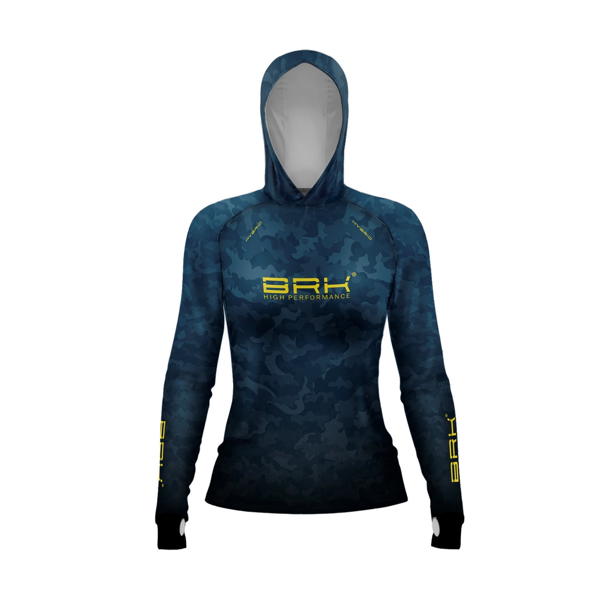 Camisa de Pesca Feminina Brk com Luva e Capuz Hybrid Camuflada Azul com Proteção Solar UV50+ Brk Fishing